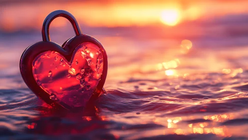Red Heart Locket in Ocean at Sunset