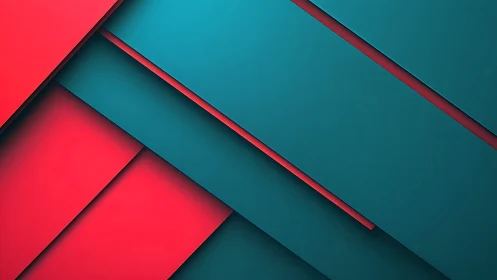 Diagonal teal and red geometric layers with subtle depth shading.