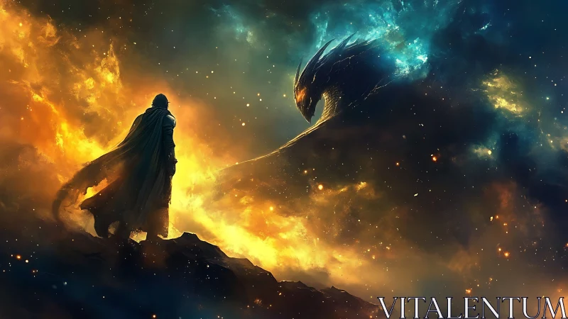 Epic cosmic confrontation with cloaked hero and astral dragon.