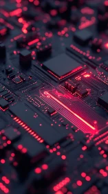 Glowing red circuit traces stream across a dark motherboard.