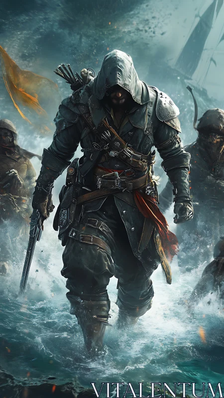 Hooded armored warrior strides through stormy ocean surf.