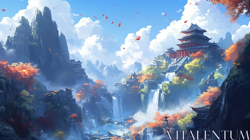 Tiered mountain temples amid cascades and autumn mist.