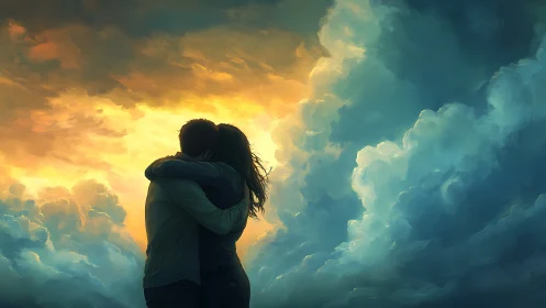 Silhouetted embrace beneath converging storm clouds.