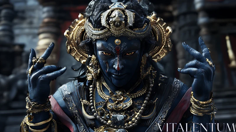 Blue-skinned deity figure in ornate gold ritual adornments.