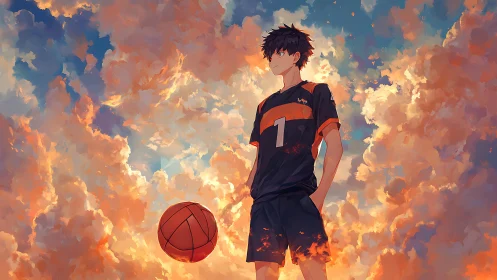 Anime volleyball player stands against dense sunset cloudscape