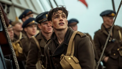 Young naval officer gazes upward amid wartime ship crew.