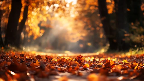 Autumn leaves covering forest path under soft backlighting.