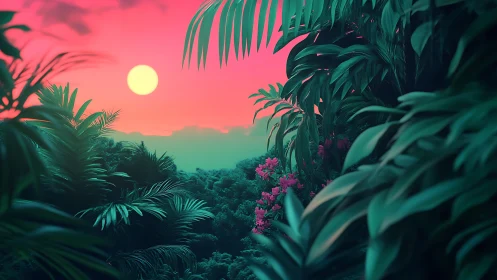 Neon sunset glows over lush tropical jungle foliage