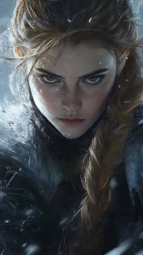 Female warrior portrait in snowy, close-up digital scene.
