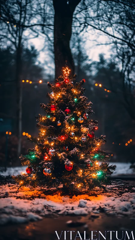 Outdoor Christmas tree glows with colorful winter lights