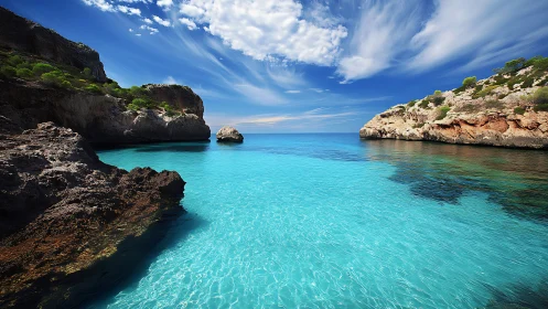 Littoral cove with crystalline turquoise shallows and stratified cliffs.