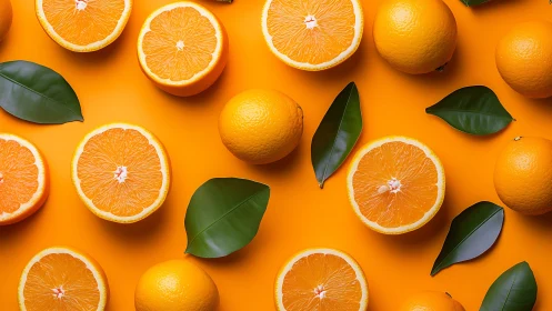 Halved and whole oranges are arranged with leaves on orange background.