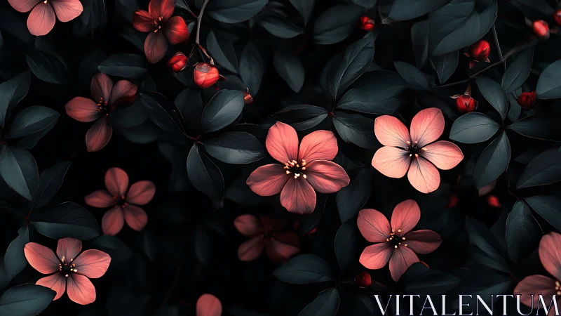 Dark Botanical Study: Five-Petal Coral Blossoms Against Deep Charcoal Foliage