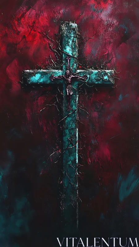 Weathered crucifix with thorns on dark red textured wall.