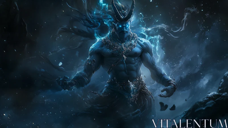 Horned blue humanoid entity in swirling dark energy field.