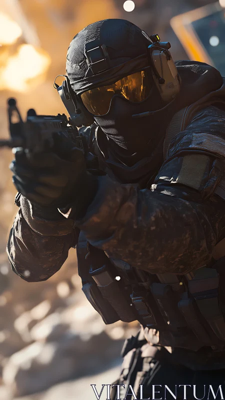 Tactical operator in full combat gear aiming carbine in blast zone
