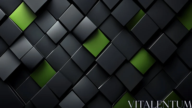 Geometric black cubes with green insets in diagonal grid.