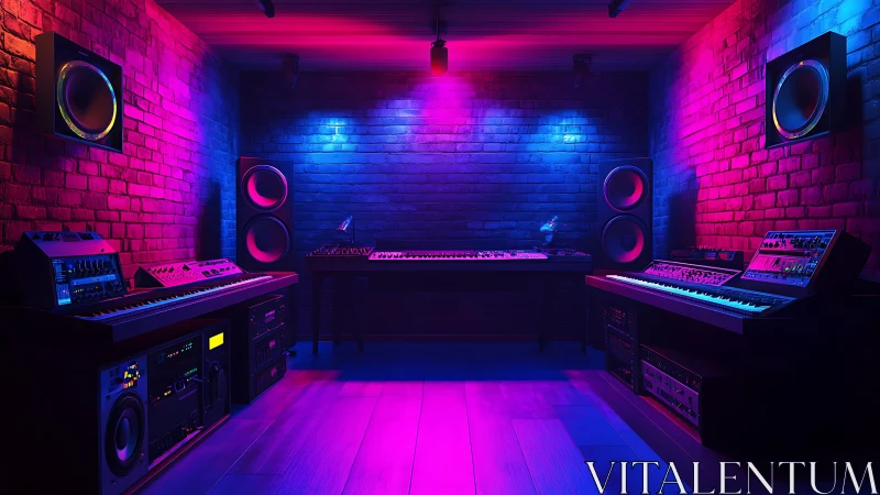 Cozy neon music studio glowing with creative energy.
