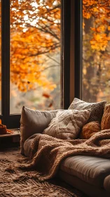 Cozy autumn window lounge with knitted textiles and cushions.