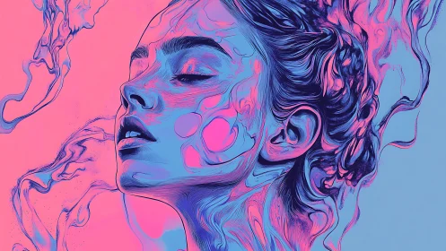 Neon dreamlike portrait merges serenity with flowing chaos