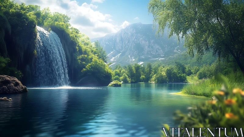 Waterfall hushes a sunlit lake while distant mountains listen