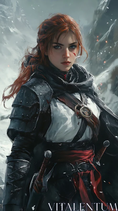 Armored red‑haired ranger in snowbound mountain pass
