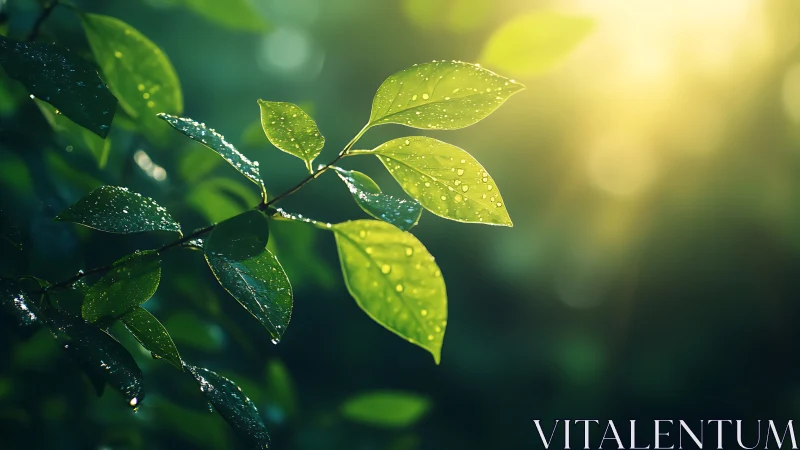 Backlit wet leaves show specular dew highlights in shallow focus