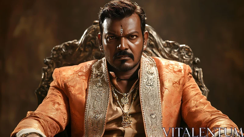 Regal portrait of stern monarch in ornate brocade regalia.