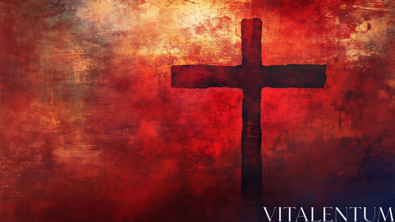 Dark cross silhouette rises against textured red light