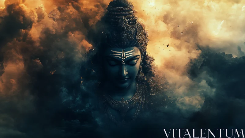 Stormlit cosmic deity drifts through molten twilight clouds