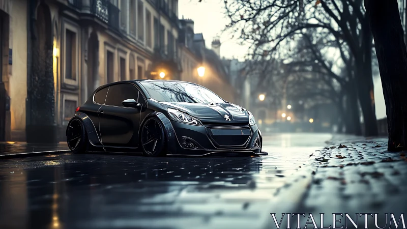 Lowered black hatchback dominates wet European city street.
