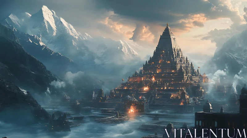 Tiered citadel complex amid glaciated alpine basin at dusk.