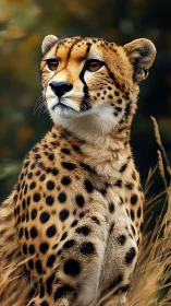 Cheetah portrait in tall grass with soft blurred background.