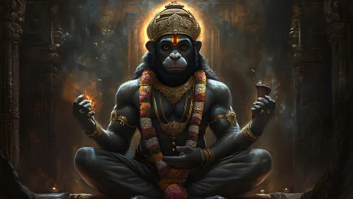 Simian deity meditating in ornate temple with cinematic lighting