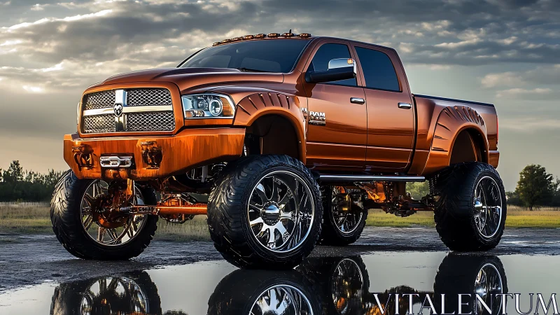 Lifted custom orange pickup truck on reflective wet ground.