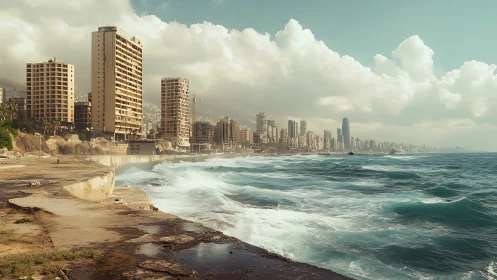 Coastal city skyline with waves against weathered promenade.
