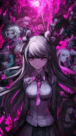 Pink chaos queen commands her shadowed rebel court.