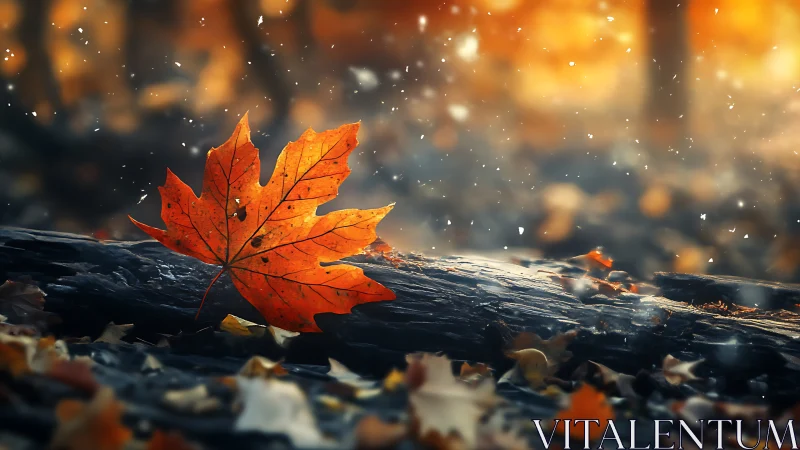 Single maple leaf rests on log under glowing autumn bokeh