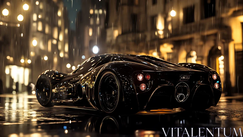 Low-slung black supercar on wet city street at night.