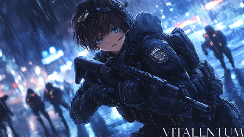 Tactical anime operator in neon‑lit urban downpour at night.