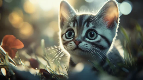 Curious Kitten Bathed in Golden Sunlight and Garden Blooms