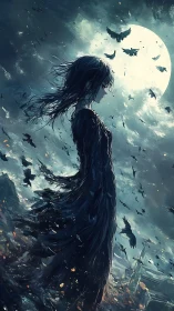 Moonlit raven girl amid storm-torn twilight skies.