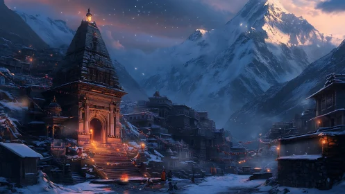 Mountain temple complex in snow-covered valley at dusk.