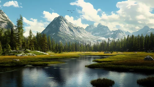 Mountain valley river reflects distant alpine peaks clearly