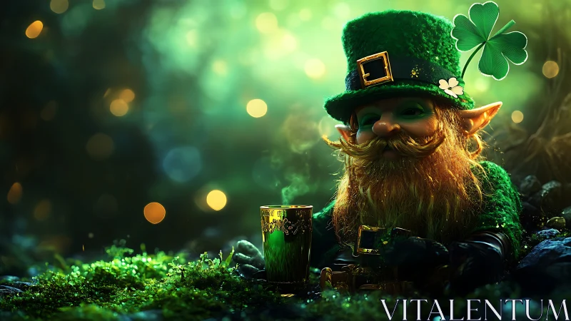 Whimsical leprechaun rests with glowing green drink in forest.
