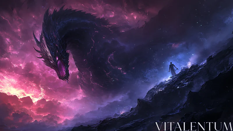 Cosmic dragon bends toward a lone hero on stormlit ridge