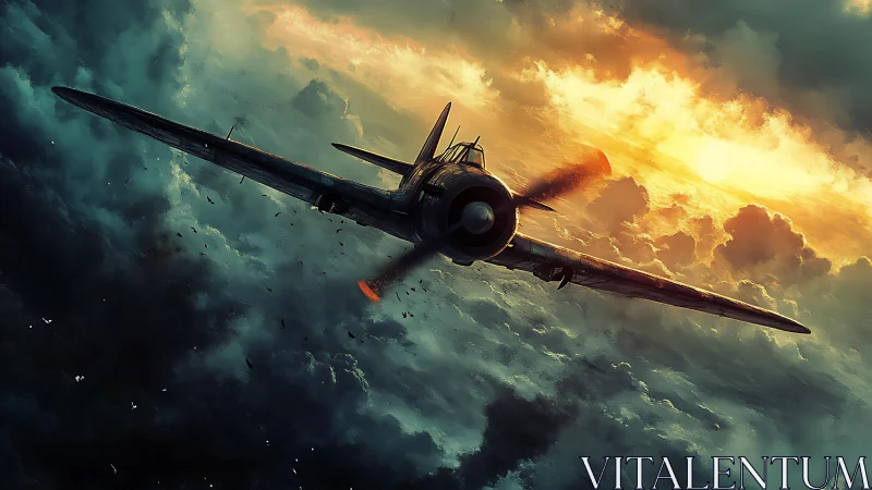 Wartime fighter plane cuts through storm clouds at sunset