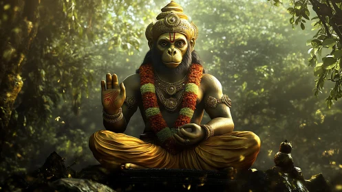 Golden forest deity sits in calm, blessing the quiet jungle