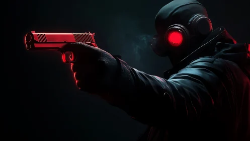 Red-eyed gunslinger in neon shadowed cyberpunk gloom.
