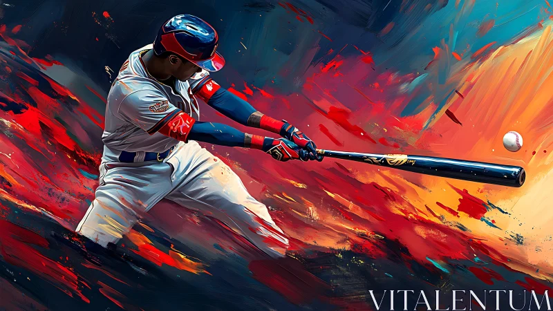 Explosive baseball swing amid abstract neon color trails.
